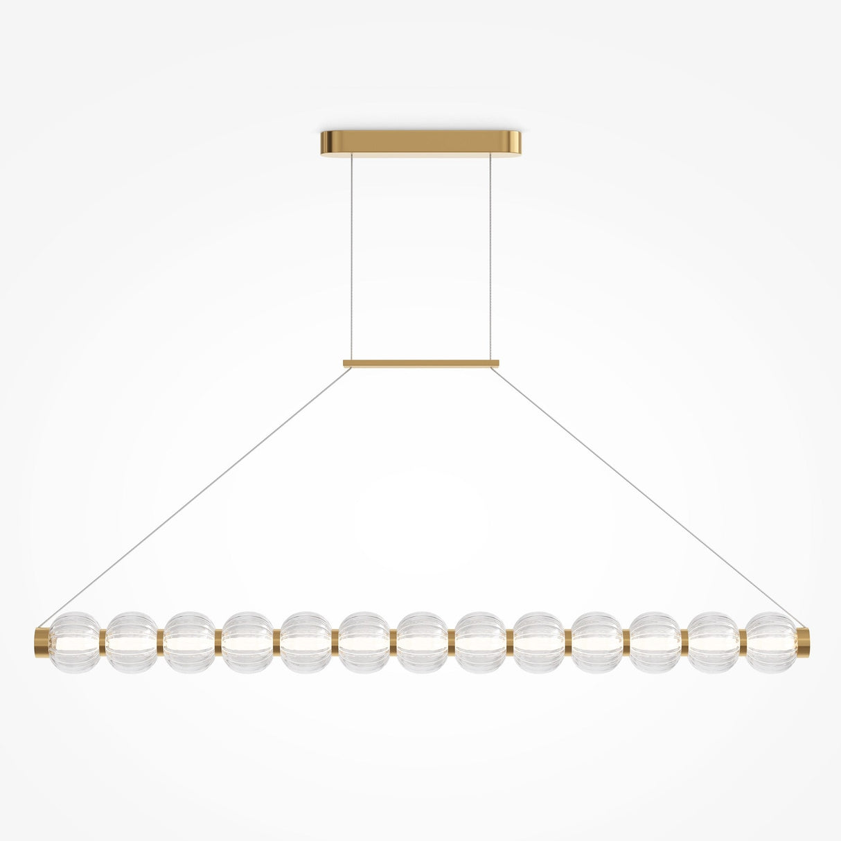 The Amulet LED Linear Suspension Light features 12 ribbed glass spheres in a linear arrangement. Suspended by two thin wires from a brass ceiling mount and bar, its adjustable suspension adds versatility to this minimalist design.