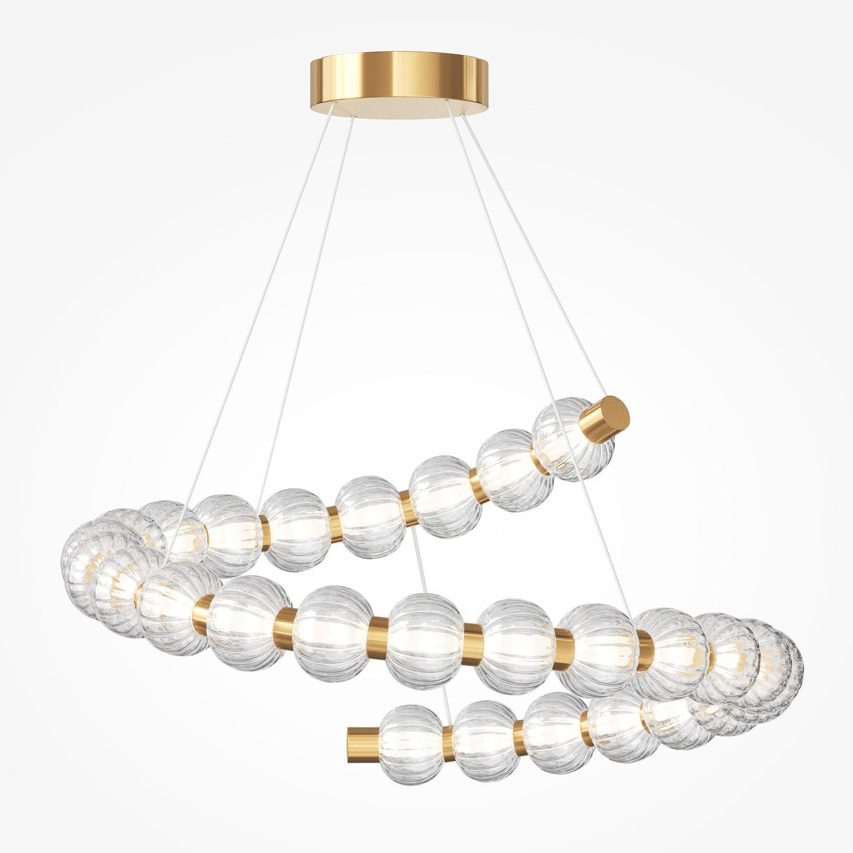 The Amulet LED Spiral Suspension Light boasts a contemporary design with two spiraling tiers of ribbed glass spheres elegantly suspended by thin wires from a stunning gold frame, all set against a plain white background.