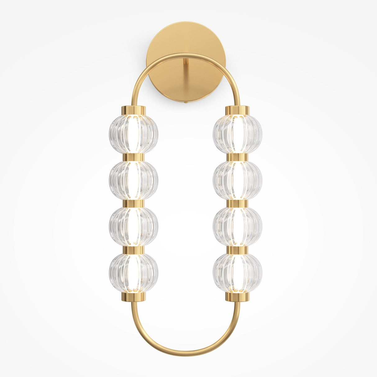 The Amulet LED Loop Wall Light - Gold With Ribbed Glass Spheres features a gold oval frame, six ribbed glass spheres emitting a soft glow, and is anchored by a circular gold base on a white background for modern elegance.
