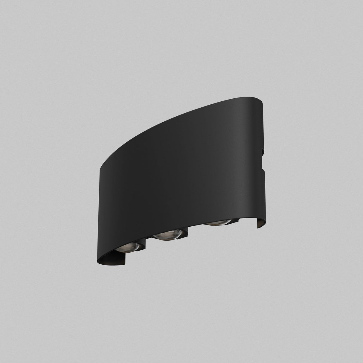 The Strato Outdoor LED Wall Light 6W 3000K - Black features a sleek, modern curved design with an IP54 rating and three energy-efficient LED bulbs facing downward, set against a plain gray background.