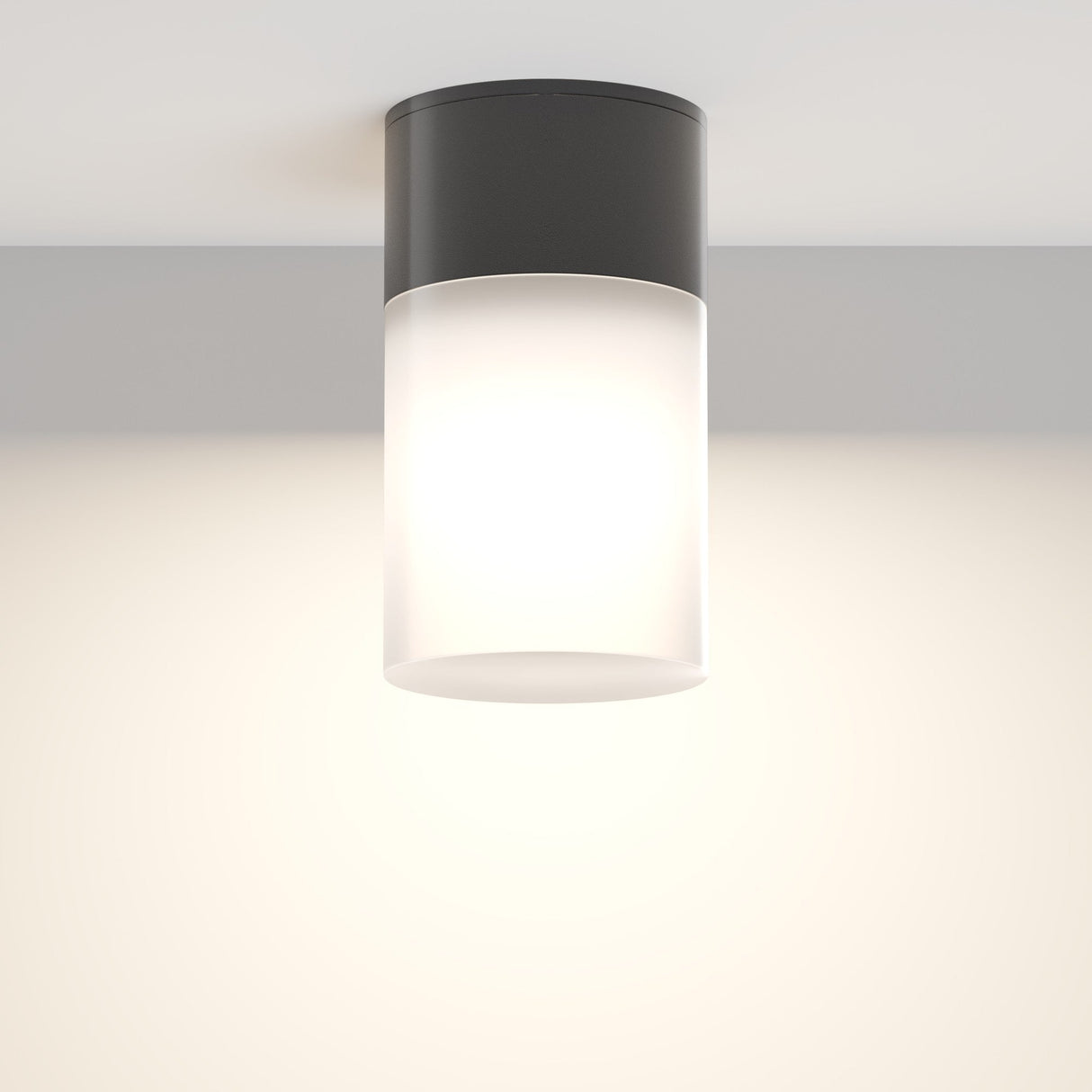 The Willis Outdoor Downlight - Black is a modern cylindrical ceiling fixture with a durable metal black base and frosted glass shade, providing a soft, warm glow. It mounts on a white ceiling for a minimalist and contemporary look in exterior spaces.