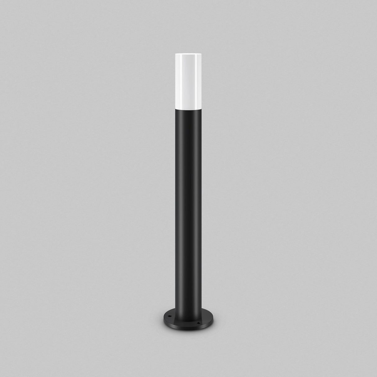 The Willis Bollard Light 80cm - Black features a smooth black finish and white top, standing elegantly on its circular base. Ideal for outdoor lighting, it combines style and functionality against a plain gray background.