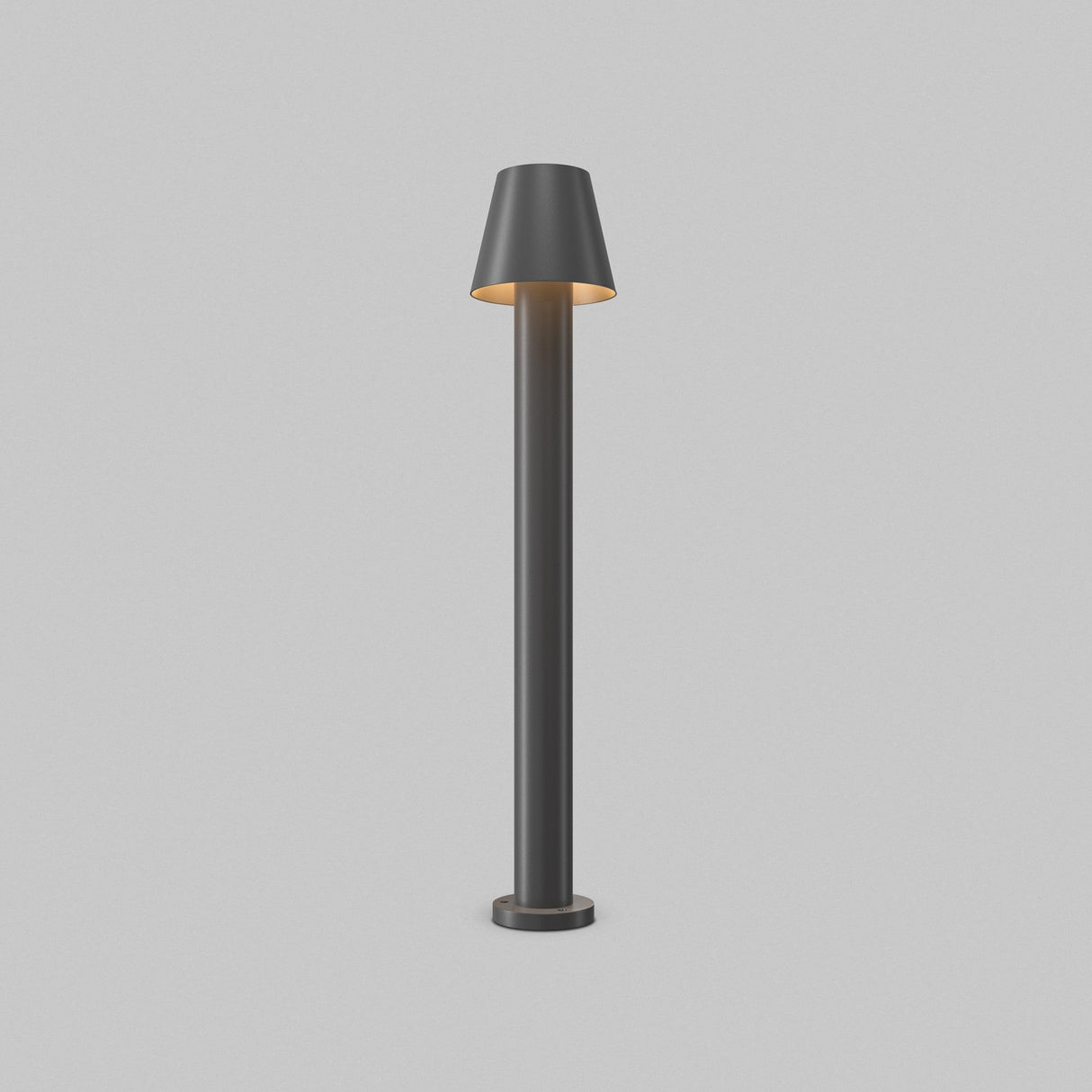 The Harz LED Bollard Light 80cm in graphite features a modern cylindrical design with a conical shade, offering an enhanced warm glow through its LED module. Set against a plain light gray background, it combines both style and function.