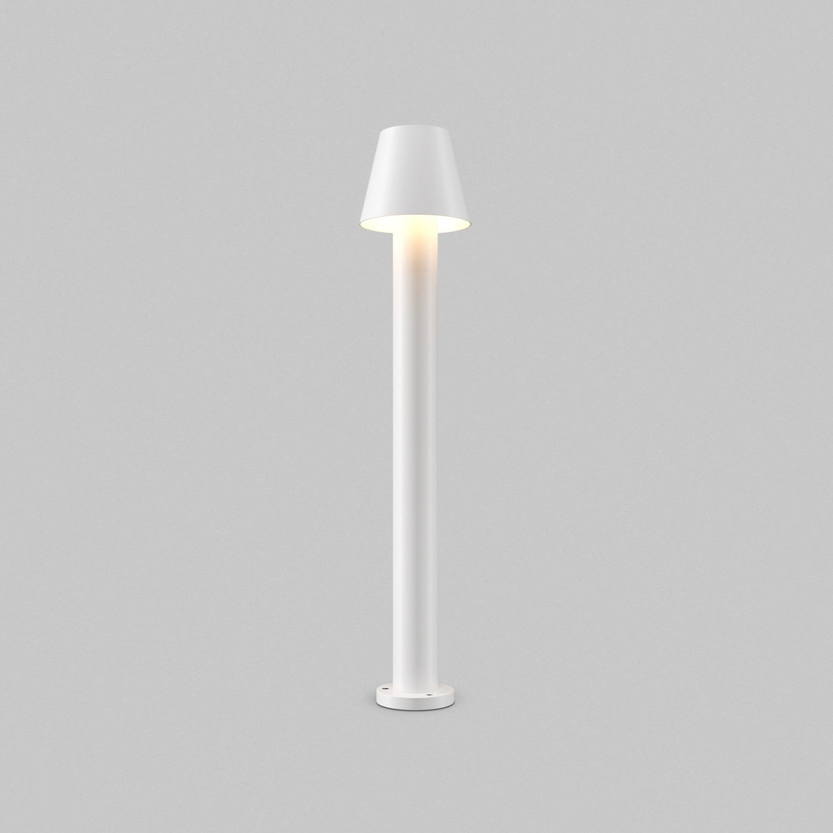 The Harz LED Bollard Light 80cm in white stands against a light gray background, its LED module glowing warmly downwards.