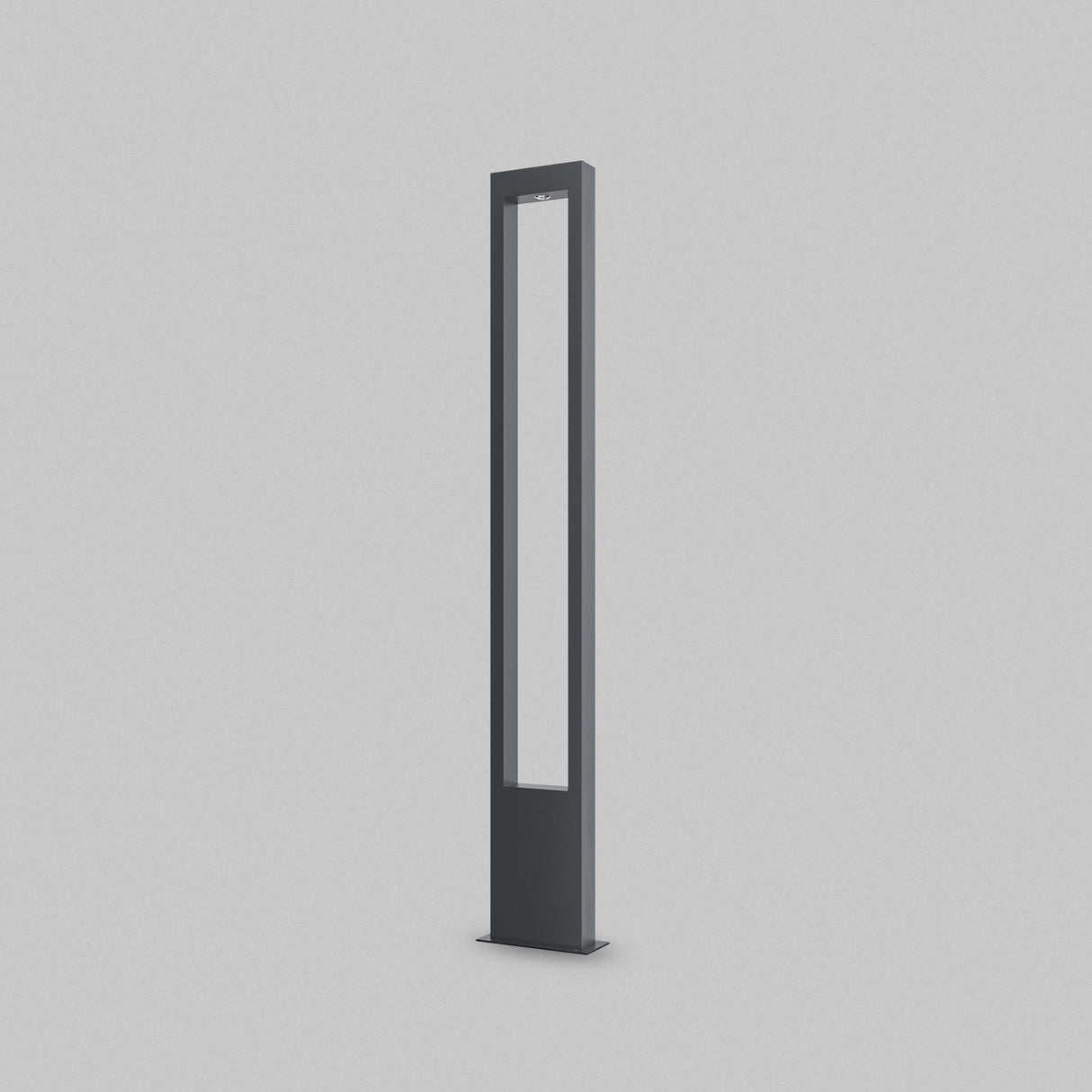 The Bonn Bollard Light 150cm in Graphite, with a slim design and transparent center panel, stands against a plain light grey background, capturing the essence of modern landscapes.