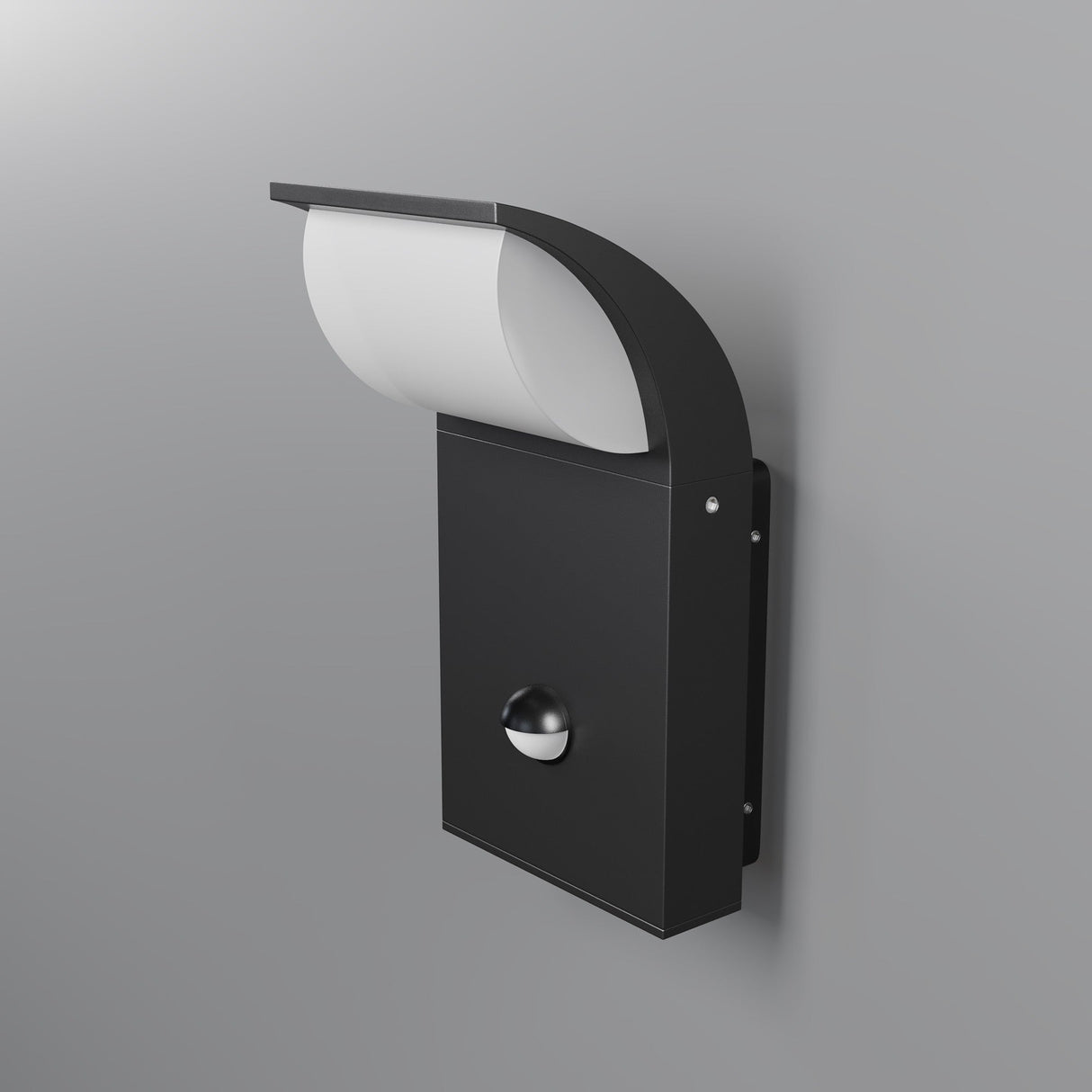 The Stock Outdoor Motion Sensor LED Wall Light 3000K 7W in graphite boasts a modern design with a sleek finish and curved white cover, featuring a silver motion sensor centered on the lower panel, all set against a gray background.