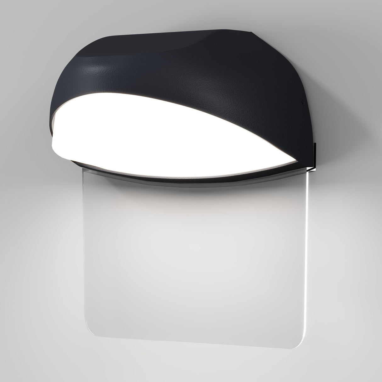 The Gloss Outdoor LED Wall Light - Graphite boasts a sleek, modern design with a black rounded exterior. It features an energy-efficient LED emitting bright white light and is IP65-rated, casting illumination over a translucent rectangular panel.