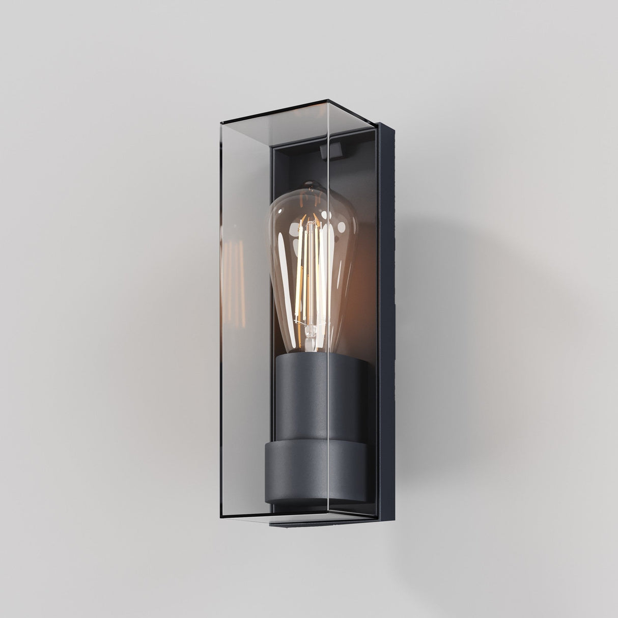 The Conf Outdoor Square Wall Light - Graphite showcases a sleek Edison bulb within a clear rectangular glass cover. It features a graphite-finished frame, contrasts beautifully with light grey walls, and holds an IP65 rating for durability.