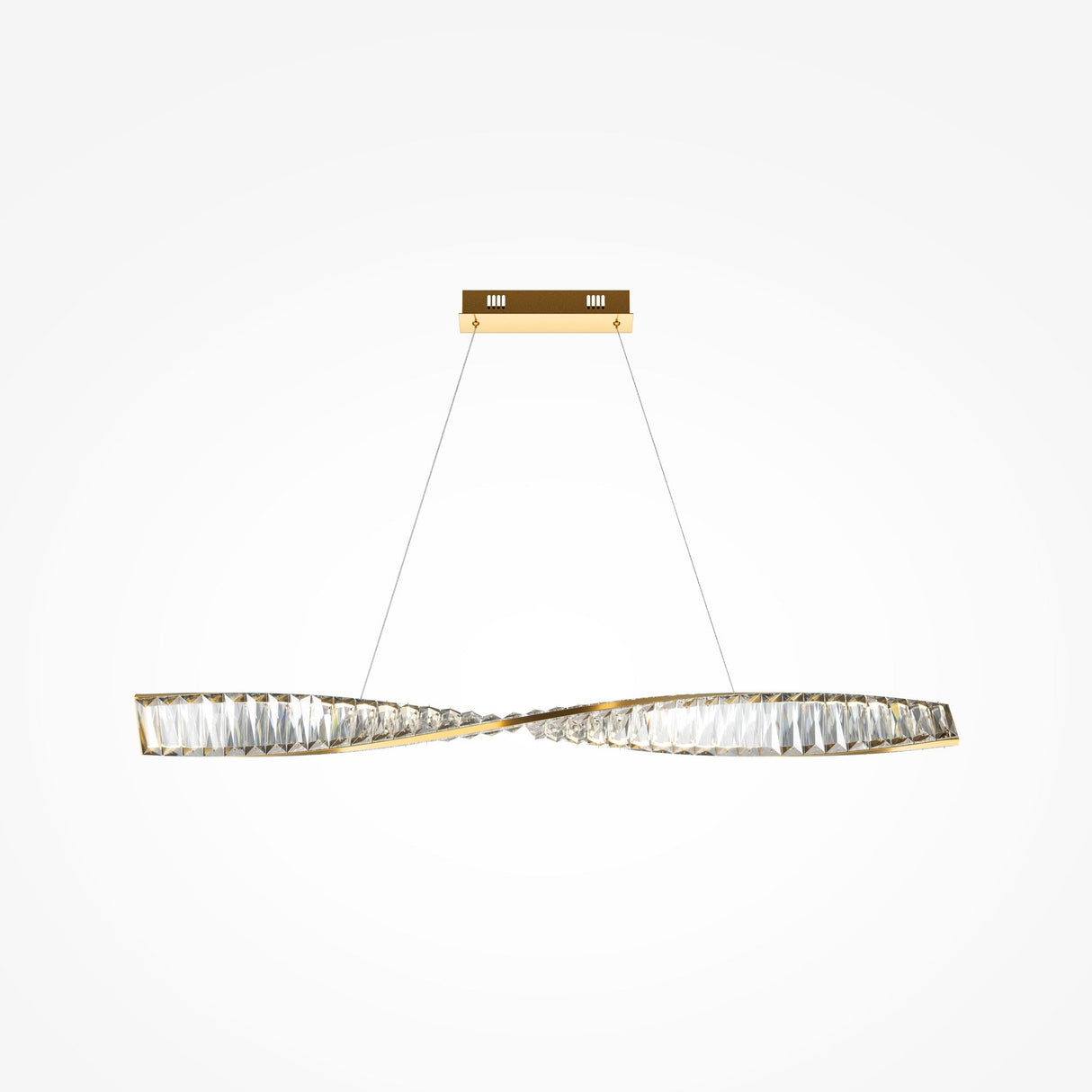 The Krone LED Crystal Linear Suspension Light - Brass features a twisted, elongated design suspended from thin wires on a rectangular ceiling mount. Its brass frame and geometric, faceted crystal-like elements make it an ideal addition to any modern interior.