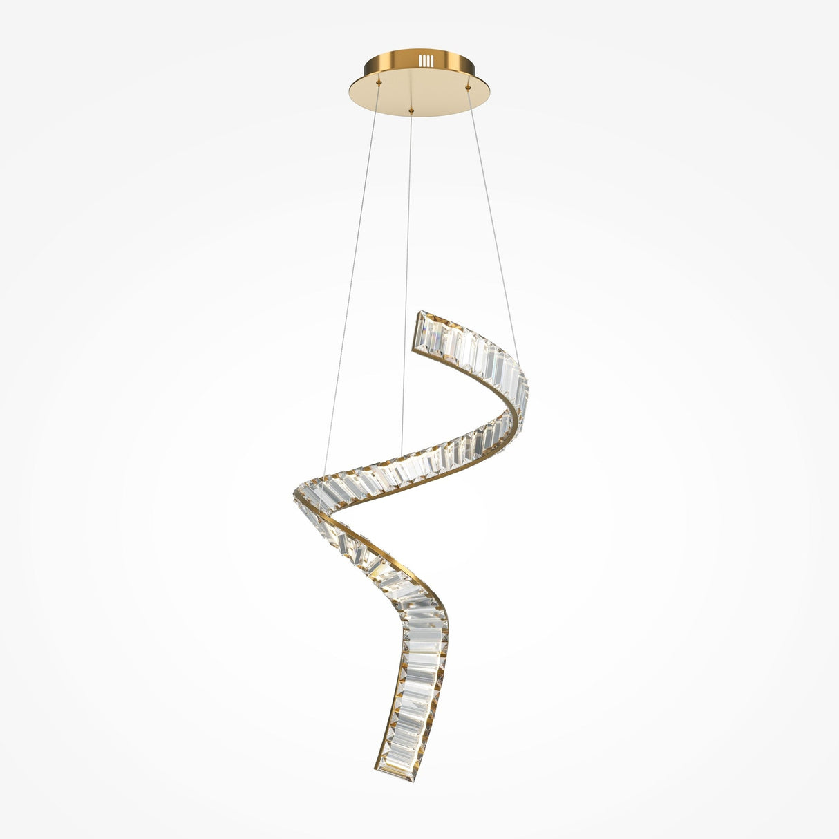 The Krone LED Crystal Pendant Light in gold boasts a twisted spiral design, with a gleaming frame and transparent accents. Elegantly suspended from thin wires on a circular ceiling mount, it serves as an exquisite modern lighting fixture.