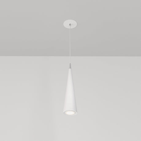 The Nevill Conical Pendant Light - White, with its minimalist cone-shaped shade, hangs elegantly from the ceiling, casting a gentle downward glow against a white backdrop when illuminated.
