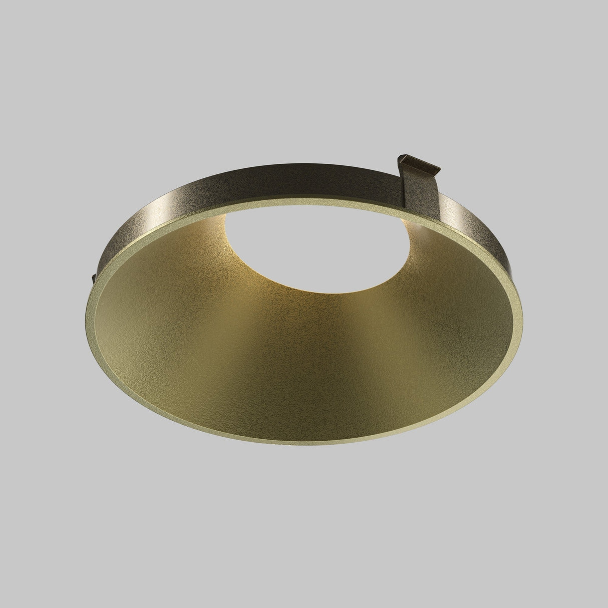 The Wise Decorative Reflector Frame 70mm in Matte Gold features a circular ceiling light fixture with a minimalist design, accented by a frame and central opening for soft lighting, beautifully mounted on pale gray.