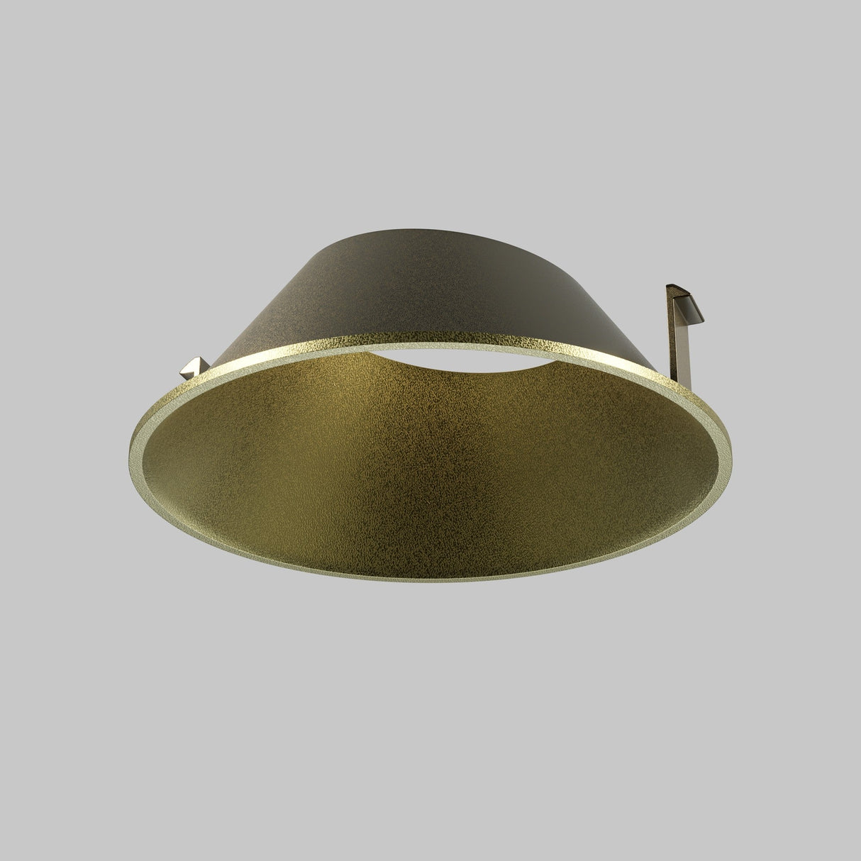 Viewed from below against a gray background, the Wise Decorative Reflector Frame 49mm in Matte Gold showcases a seamless conical design with a smooth outer rim, highlighted by its textured elegance.