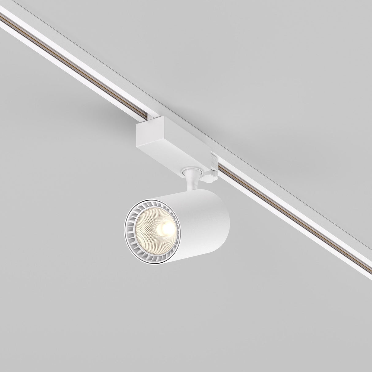 The Vuoro S 3-Circuit Trinity Track LED Spotlight is a modern white fixture with a cylindrical design and visible bulb, mounted on the ceiling and attached to a three-phase track. It stands out against a light gray background, offering 20W of 3000K illumination.