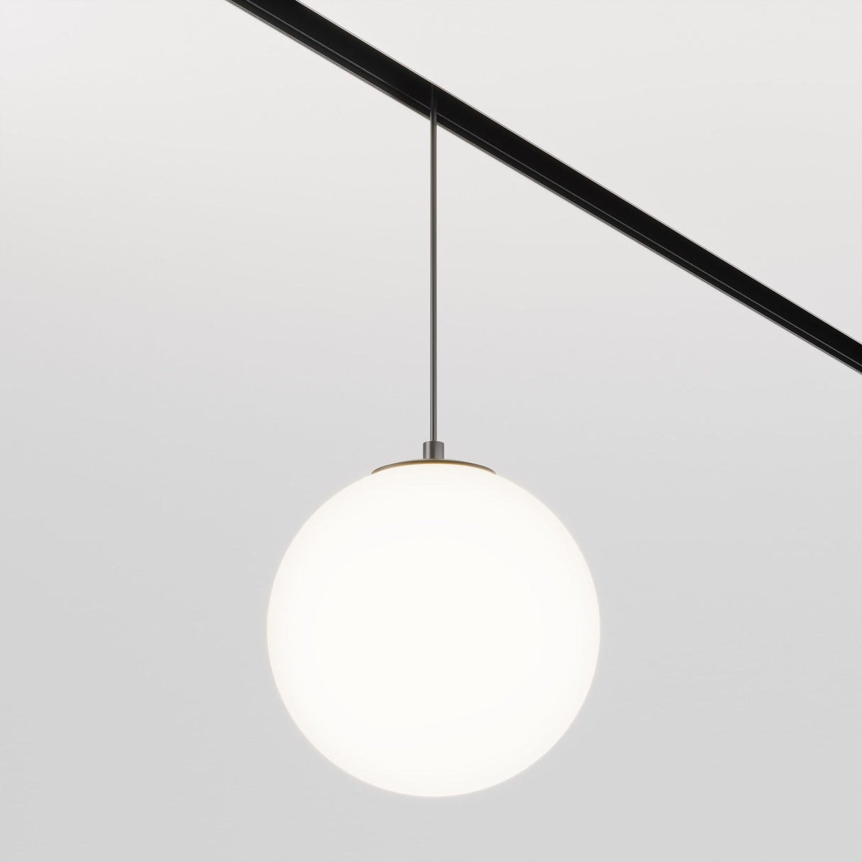 The Luna CCT LED Dimmable Pendant Light, featuring a frosted glass globe on a sleek rod attached to a black beam, shines brightly in an LED range of 2700-6000K against a light background.