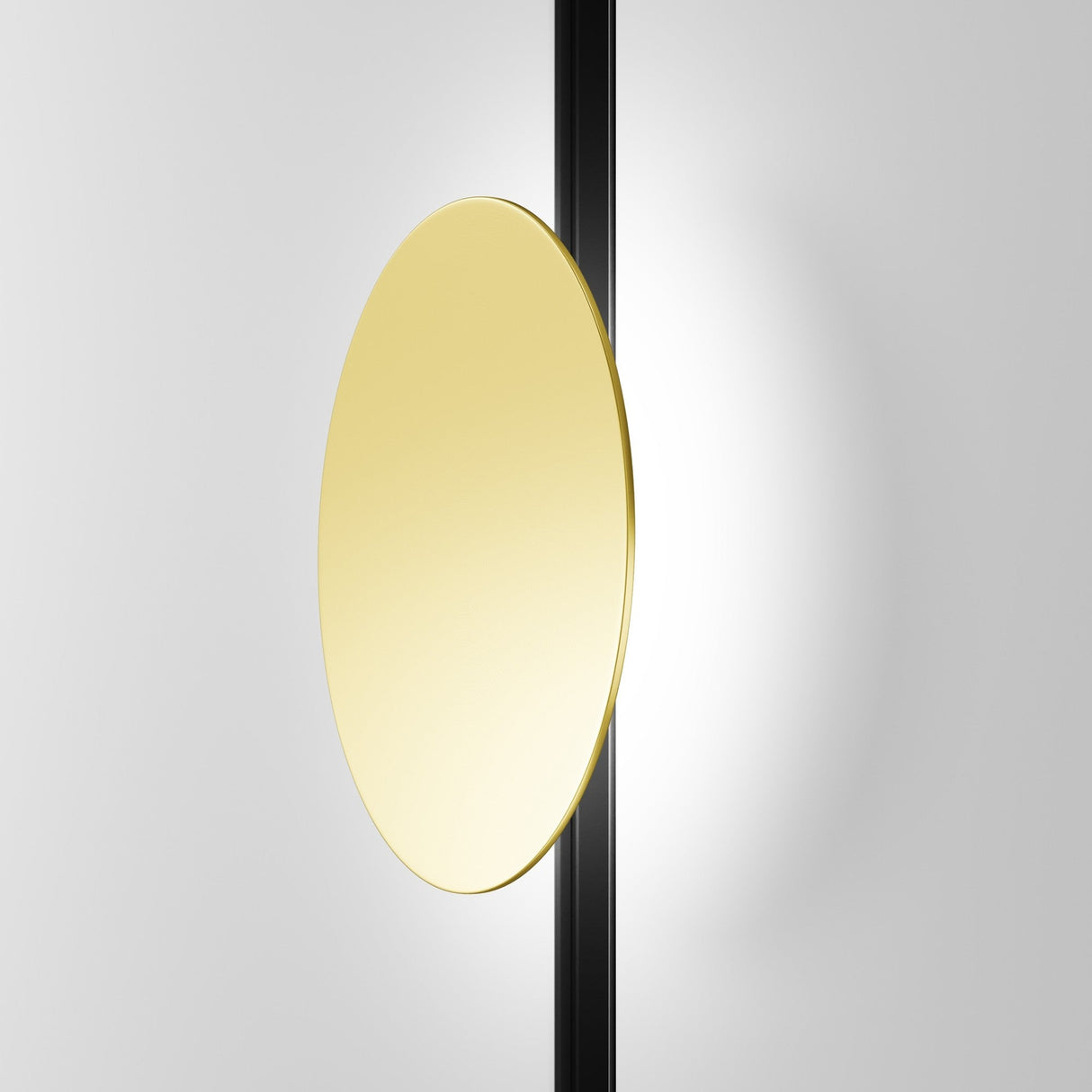 Mounted on a sleek black pole against a light gray background, the Relax CCT LED Dimmable Magnetic Exility Track Wall/Ceiling Light 5W 2700-6000K in brass offers modern elegance. Integrated LED dimmable lights around its edge create a subtle glow, enhancing its reflective charm.