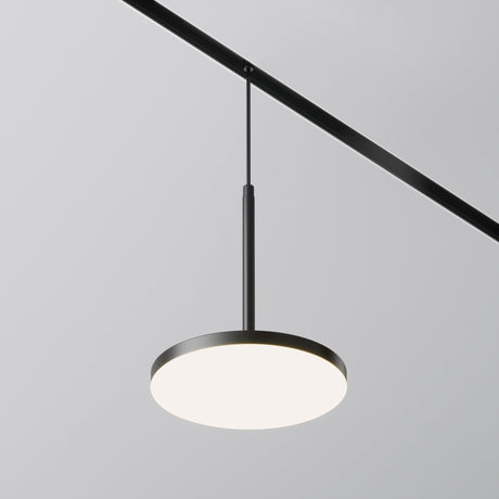 The Plato CCT LED Dimmable Magnetic Exility Track Pendant Light in black offers a modern circular design. It provides a soft white glow with adjustable color temperatures from 2700-6000K, perfect for any ambiance, and is suspended from a magnetic track system on the ceiling.