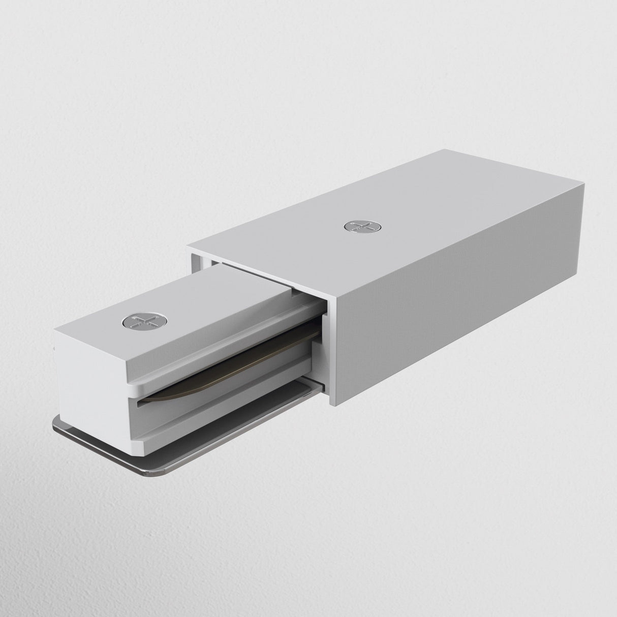 The Unity Single Phase Track Power Feed - White features a sleek, modern design with a rectangular metallic casing in a pristine white finish. Its partially extended, showcasing its smooth mechanism against a plain white background.