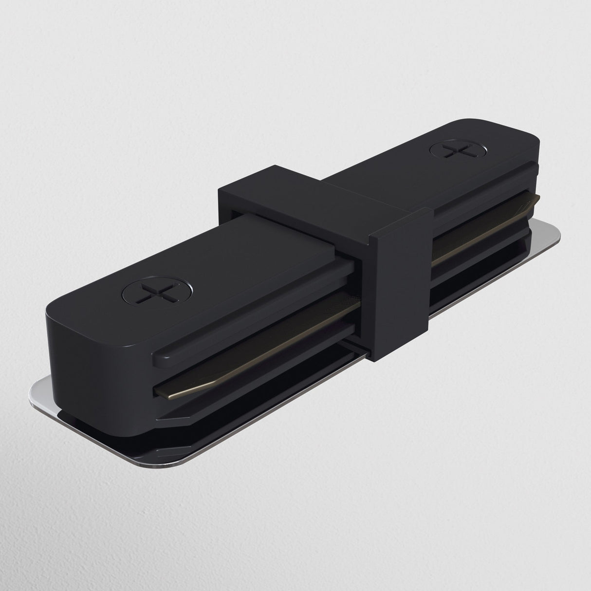 The Unity Single Phase Surface-Mounted Track Straight Connector in black boasts a sleek, modern design with a minimalist look, connected by a central pivot. It mounts on a reflective metallic base with visible screws for installation.