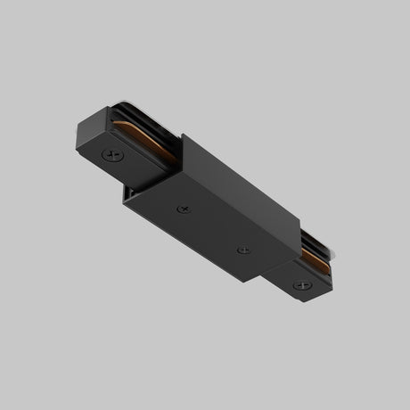 The Unity Single Phase Track Middle Feed Connector in black, featured on a plain gray background, is paired with screws, making it ideal for cabinet doors and closures within a track system setup.