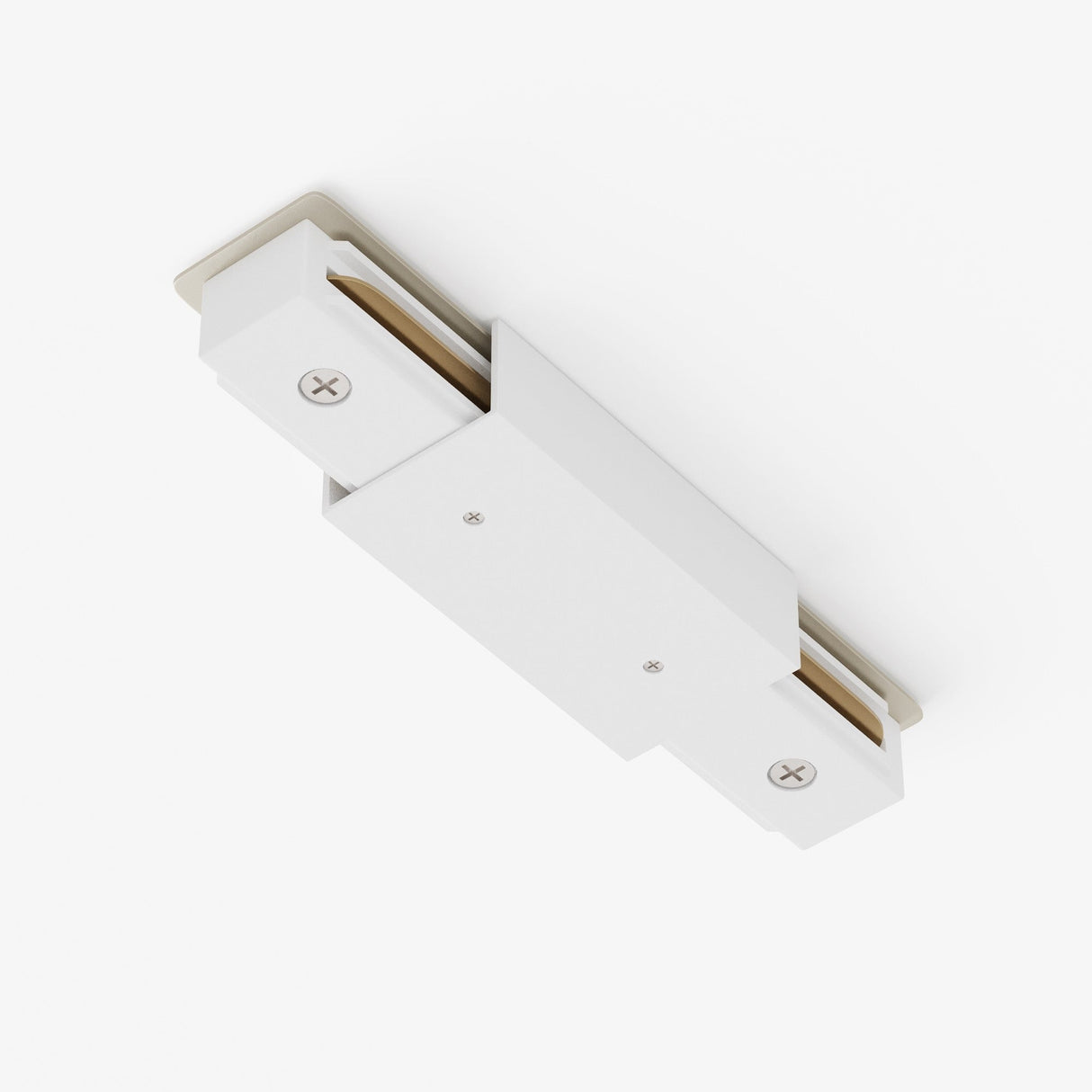 The Unity Single Phase Track Middle Feed Connector in white is ceiling-mounted with a rectangular shape and two visible screws, enhancing lighting setups with its sleek, minimalist look.