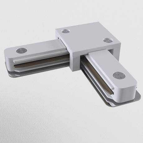 The Unity Single Phase Surface-Mounted Track L-Connector in white is a rectangular hinge joint with two perpendicular arms, metal strips along each arm, and circular fasteners. It features a sleek finish and mounts on a smooth surface.