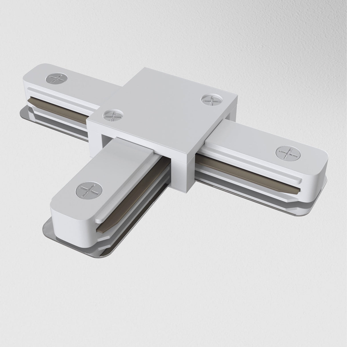 The Unity Single Phase Surface-Mounted Track T-Connector in white is a cross-shaped electrical connector ideal for single-phase track lighting. It features visible screw heads and a central junction, allowing seamless integration into ceiling light fixture designs by joining multiple tracks.