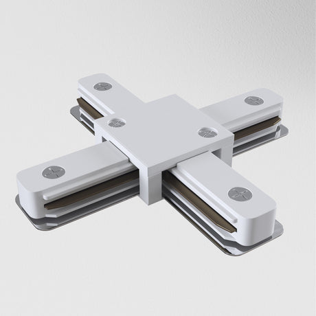 The Unity Single Phase Surface-Mounted Track X-Connector in white lies flat on a white surface, featuring three segments extending outward, a central square part, and metallic screws, highlighting its industrial design.