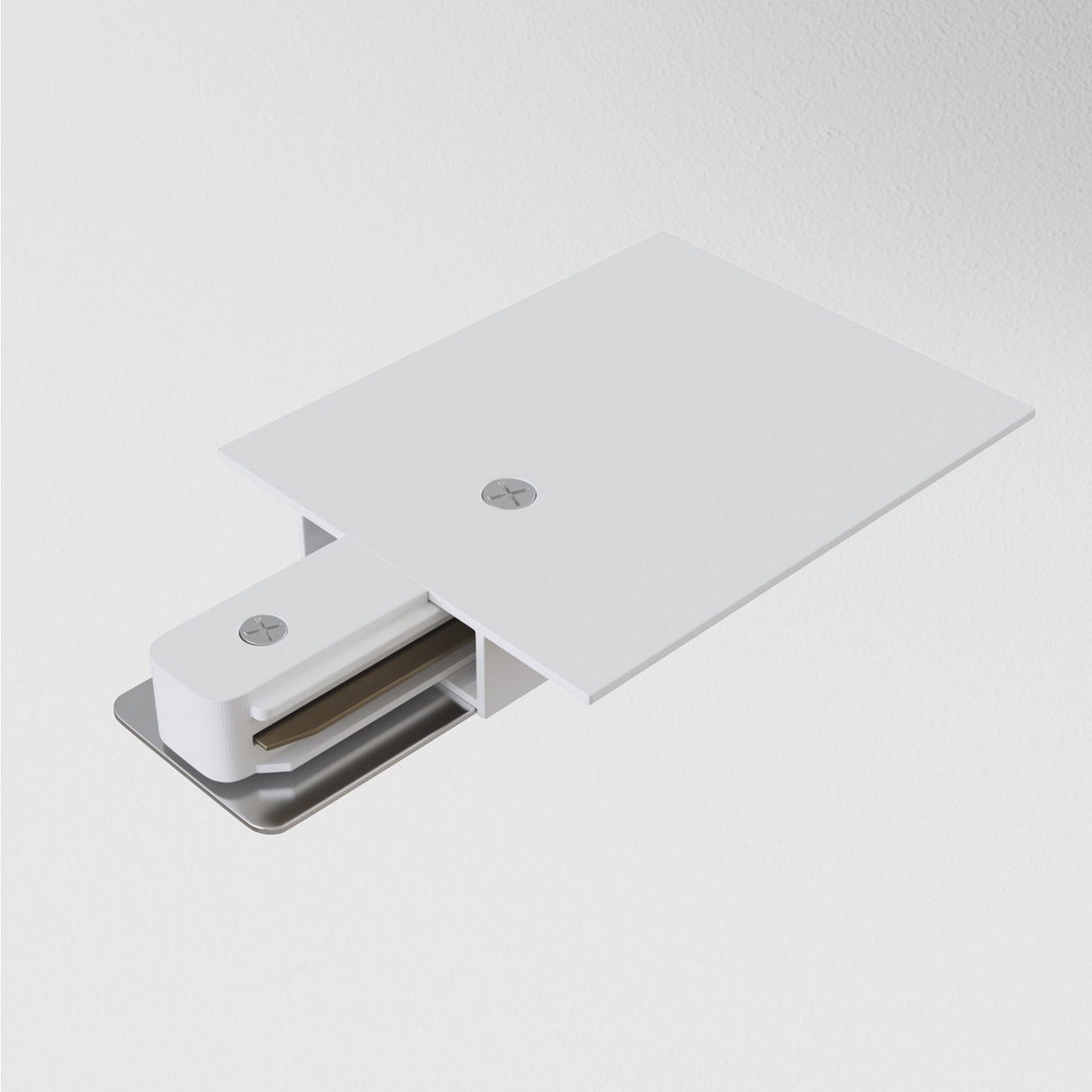 The Unity Tracks Power Feed - White is a modern, minimalist door mechanism with an aluminum construction. Its sleek, industrial design slides beneath a white rectangular panel and features visible screws on both the panel and the sliding part against a plain white background.