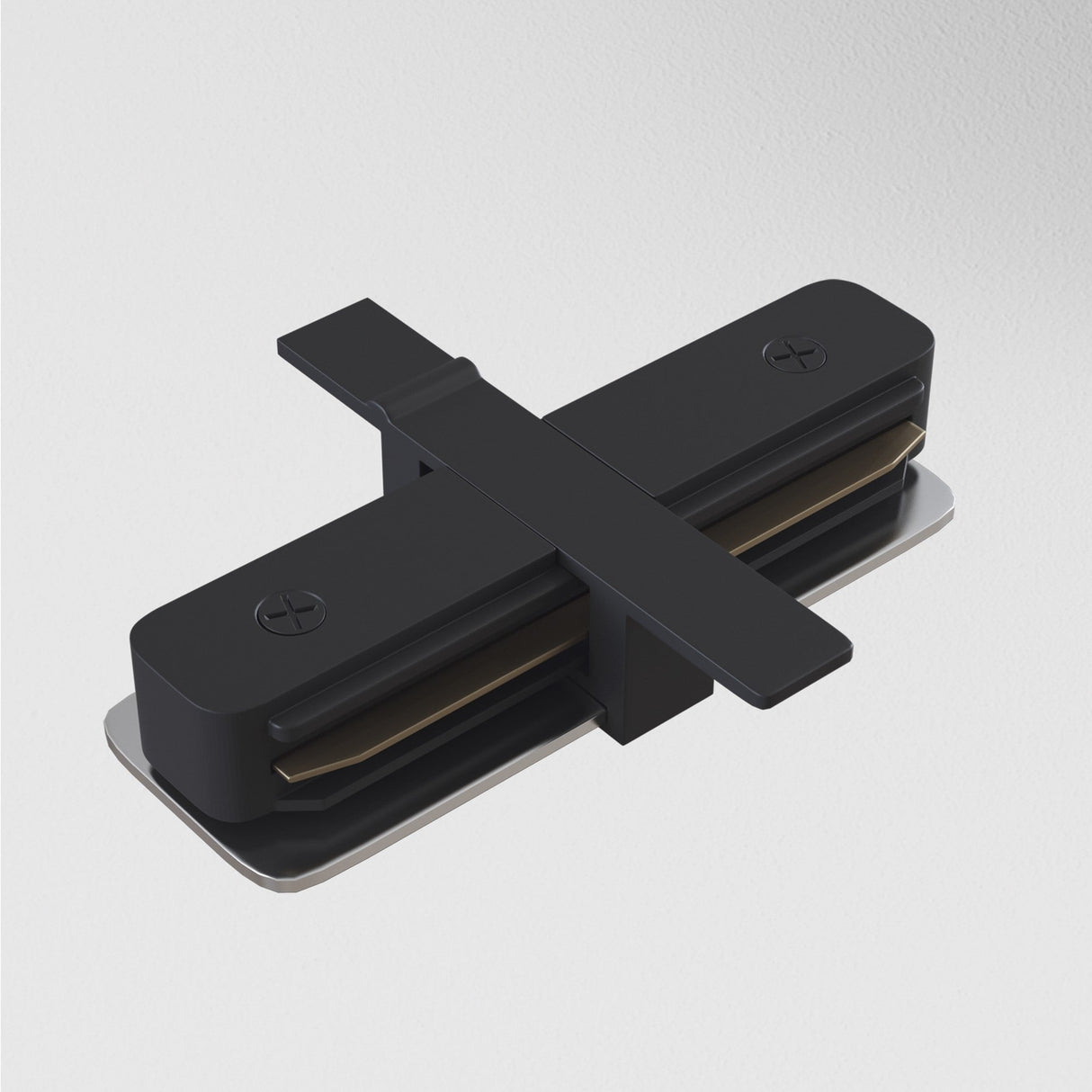 Close-up of the Unity Tracks Recessed Straight Connector - Black on a smooth white background. The design features two sleek cylindrical parts with embedded screws and a connecting bar, showcasing its aluminium construction that embodies both strength and modern elegance.
