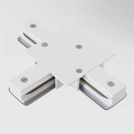 The Unity Tracks Recessed T-Connector in white, with a square central panel and four extensions, joins single-phase track systems. It includes four top screws for flexible lighting setups, shown on a plain white background.
