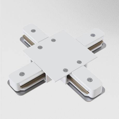The Unity Tracks Recessed X-Shaped Connector in textured white features six screws, designed for track lighting installation on recessed track systems.