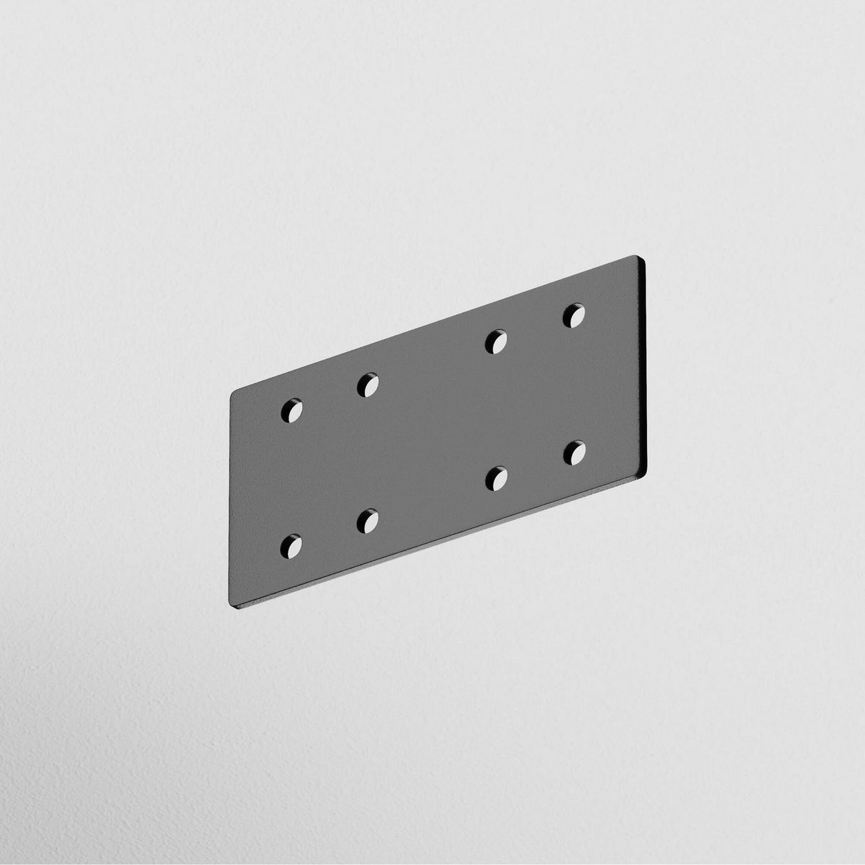 The S35 Magnetic Track Straight Connector - Silver is a rectangular metal plate with rounded corners and eight equidistant holes in two rows. Its brilliant shine against a plain white background reflects the elegance of seamless connection in industrial design.