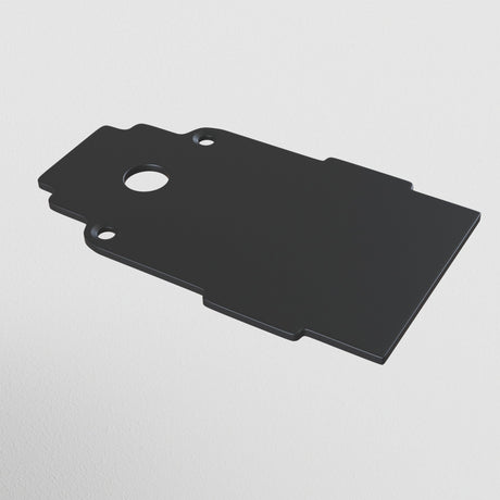 The S35 Magnetic Tracks End Cap - Black, a sleek rectangular metal bracket with a circular hole and two smaller mounting holes, perfect for track lighting systems, is showcased on a plain white background, exuding modern elegance.