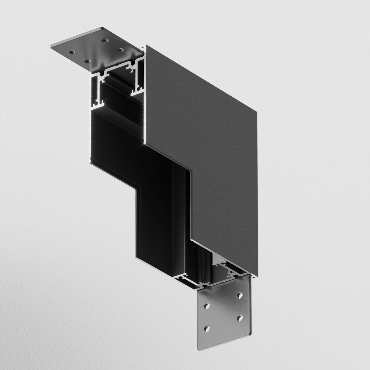 A cross-section view of a black metal frame structure against a white background unveils the intricate design featuring two metal brackets at each end, with enhanced functionality by the S35 Magnetic Surface-Mounted Track Internal Corner Connector - Black.