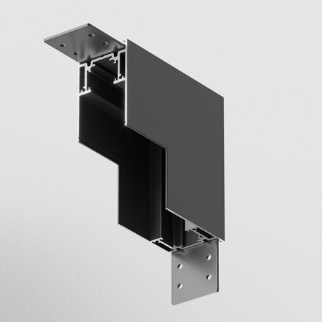 A cross-section view of a black metal frame structure against a white background unveils the intricate design featuring two metal brackets at each end, with enhanced functionality by the S35 Magnetic Surface-Mounted Track Internal Corner Connector - Black.