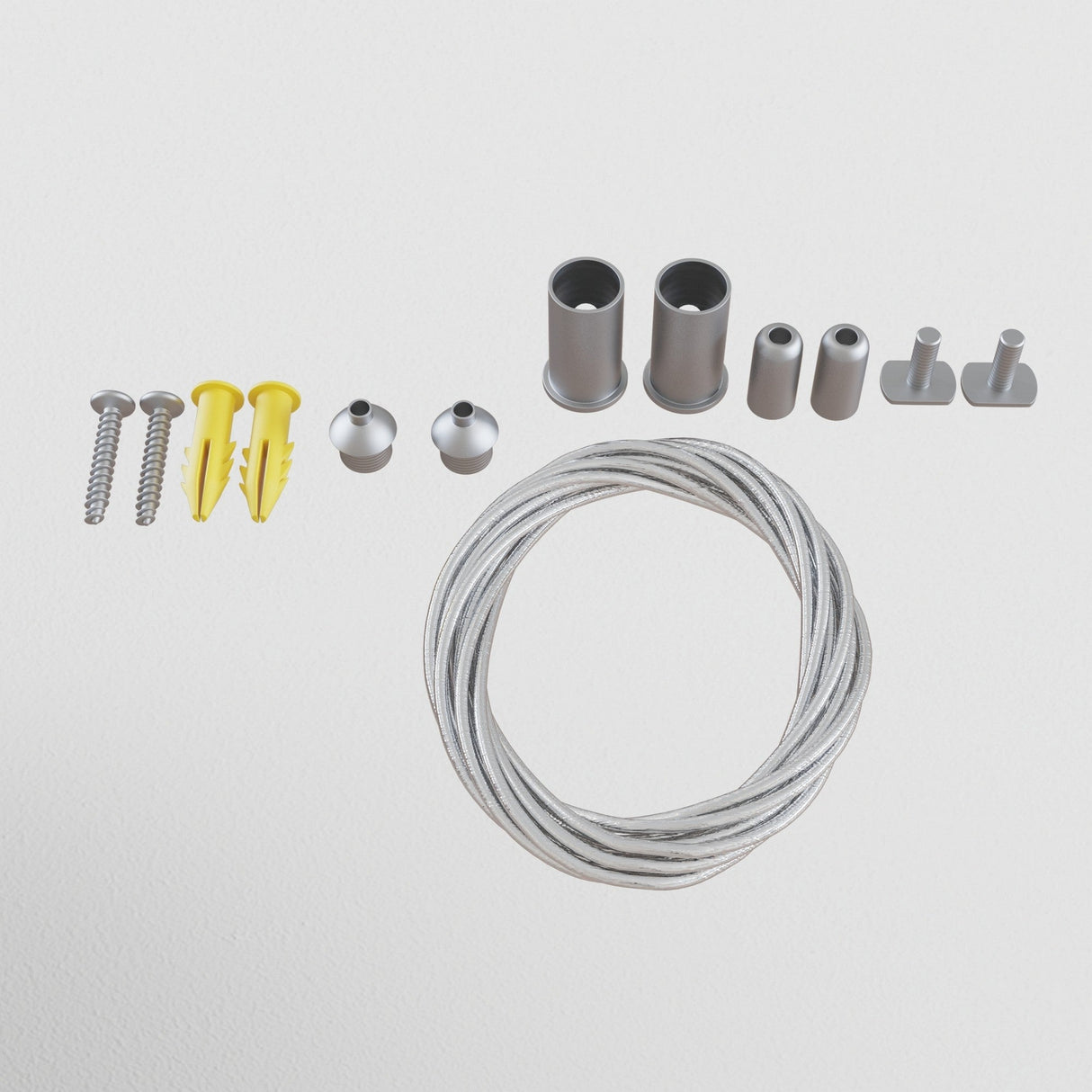 The S35 Magnetic Surface-Mounted Track Suspension Cable - Silver, ideal for 48V track lighting systems, includes white wall-mounting hardware with screws, yellow plugs, metal caps, cylindrical connectors, and a coiled silver wire.
