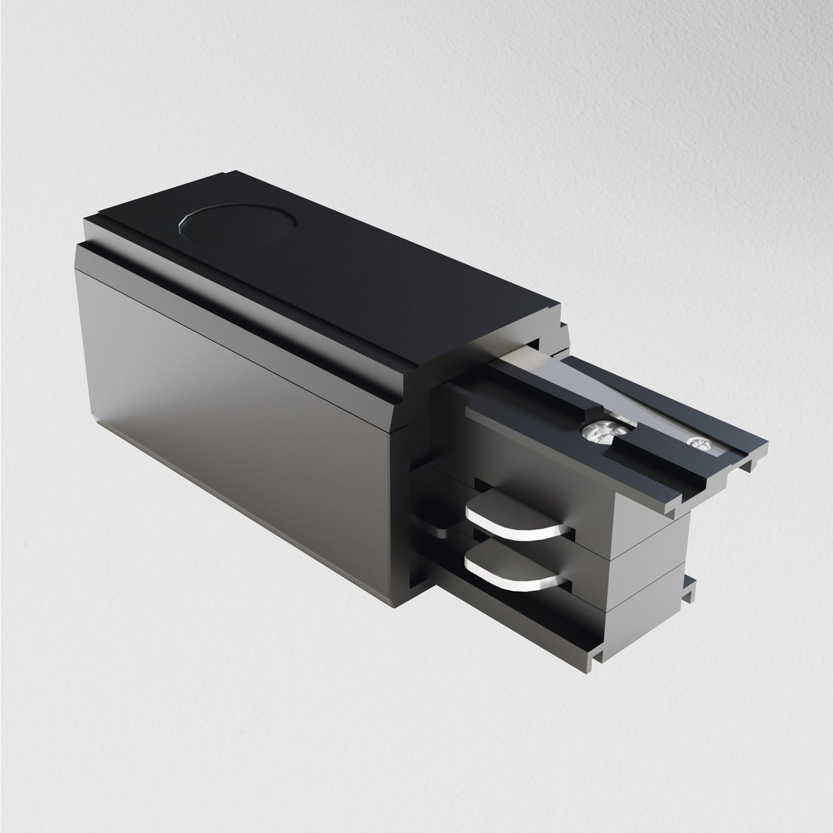 Close-up of the 3-Phase Track Trinity Right Power Input - Black, a sleek rectangular mechanical component with a sliding mechanism and two visible circular connectors for three-phase track lighting set against a plain light gray background.