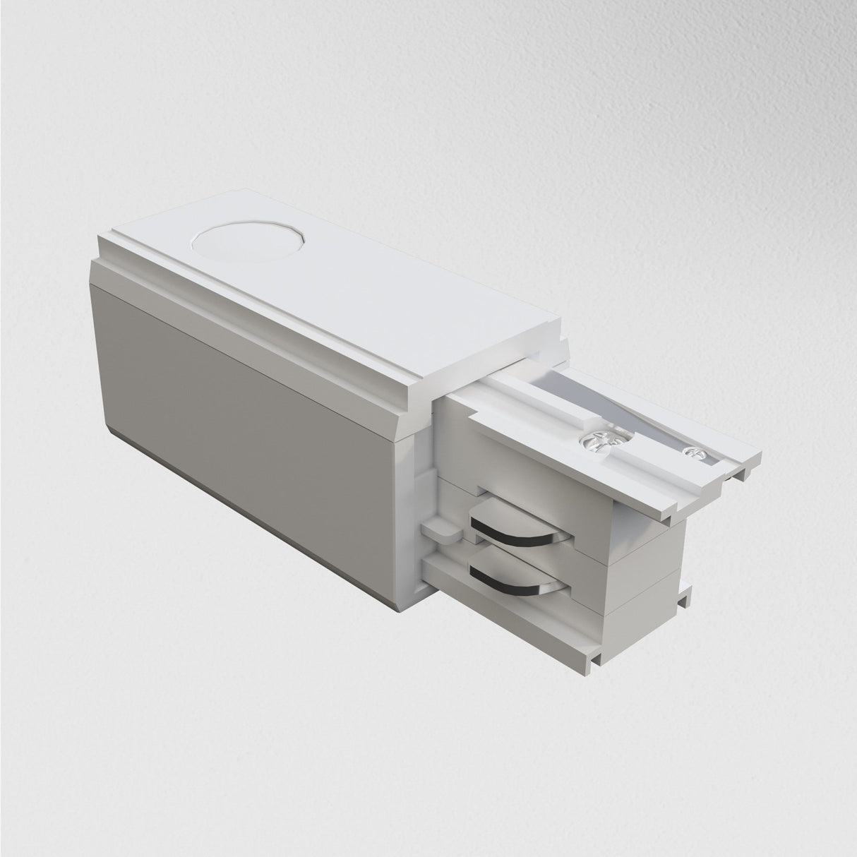 Close-up of a 3-Phase Track Trinity Right Power Input - White, featuring a white and grey rectangular shape with visible screws and metallic parts. Its sleek design contrasts against a plain, light-grey background.