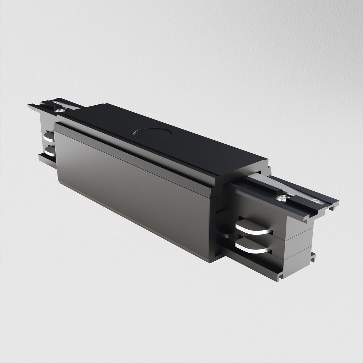 The 3-Phase Surface-Mounted Track Trinity Straight Connector in sleek black, featuring two parallel rails for modern interiors, is showcased against a plain white background.