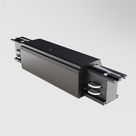 The 3-Phase Surface-Mounted Track Trinity Straight Connector in sleek black, featuring two parallel rails for modern interiors, is showcased against a plain white background.