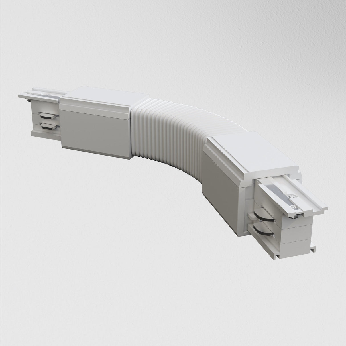 The 3-Phase Surface-Mounted Track Trinity Flexible Connector in white is a curved, flexible connector with flat ends and a ribbed center. Its designed for linking components in three-phase track lighting systems and features sliding mechanisms with socket-like termini.