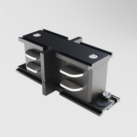 The black 3-Phase Surface-Mounted Track Trinity Internal Straight Connector features curved inner structures for seamless connections and has screws on top and bottom. It is positioned against a plain white background.