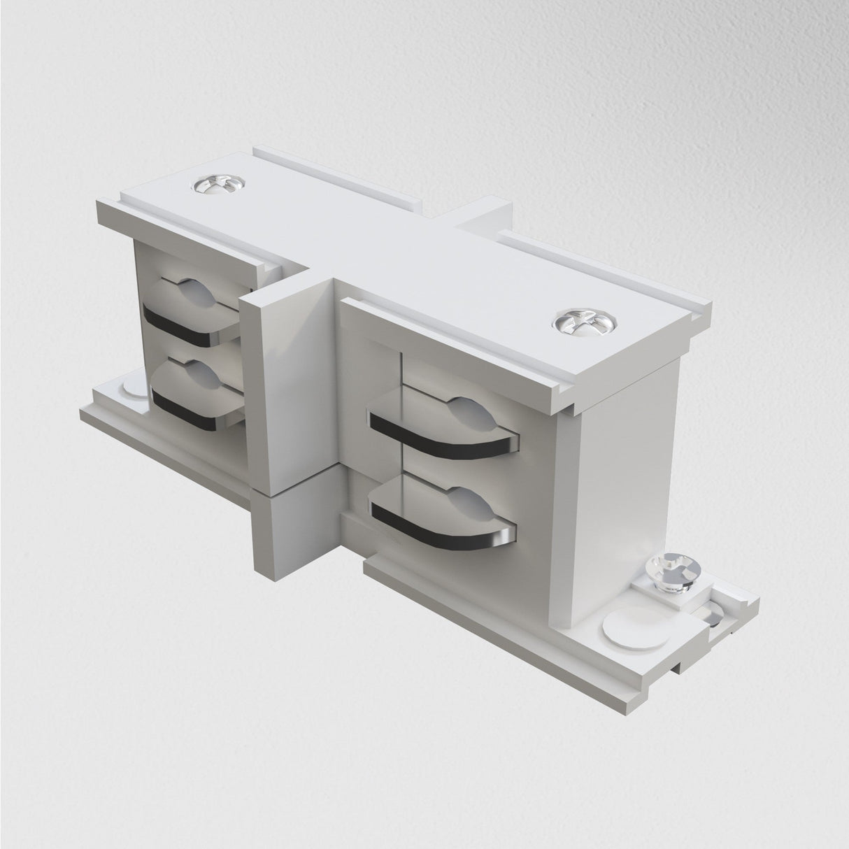 Close-up of the 3-Phase Surface-Mounted Track Trinity Internal Straight Connector - White, showing its unique interlocking sections and circular studs. It appears clean and simple against a plain white background.