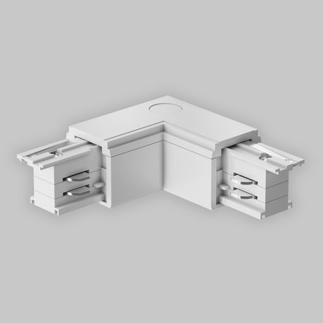 Image of the 3-Phase Surface-Mounted Track Trinity Left Corner Connector External in white, featuring a circular cutout on top and sliding components on both ends for versatile lighting configurations, set against a plain light gray background.