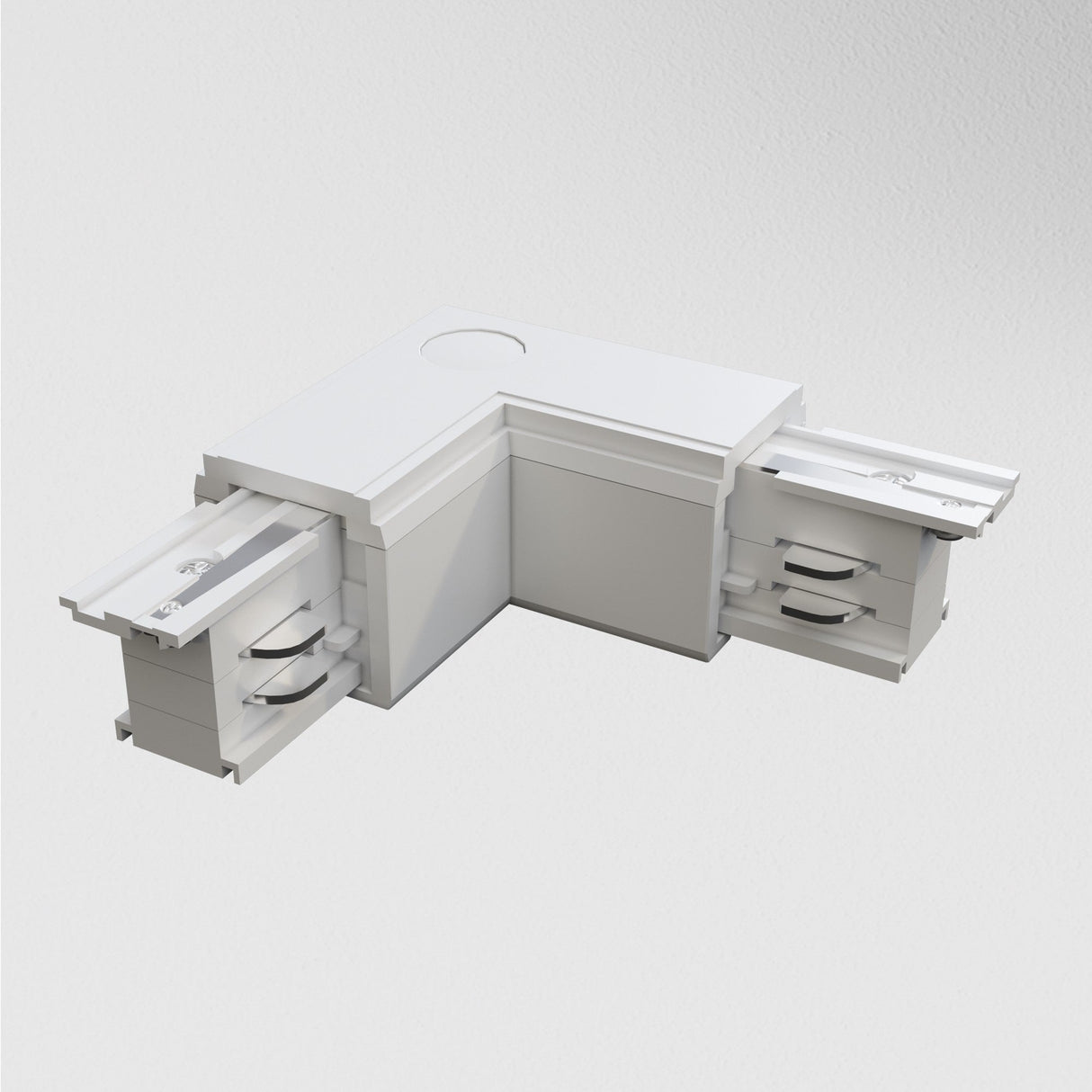 The L-shaped modular drawer system, named the 3-Phase Surface-Mounted Track Trinity Right Corner Connector - White, includes two sides with dual stacked drawers. The elongated left side reveals interior compartments, elegantly showcased on a light background.