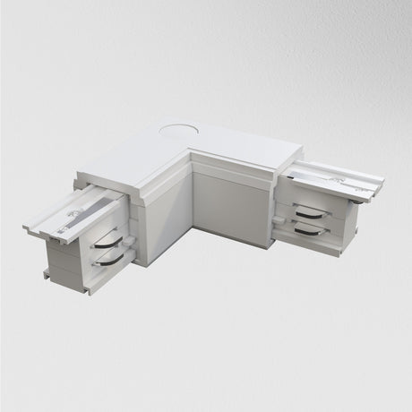 The L-shaped modular drawer system, named the 3-Phase Surface-Mounted Track Trinity Right Corner Connector - White, includes two sides with dual stacked drawers. The elongated left side reveals interior compartments, elegantly showcased on a light background.