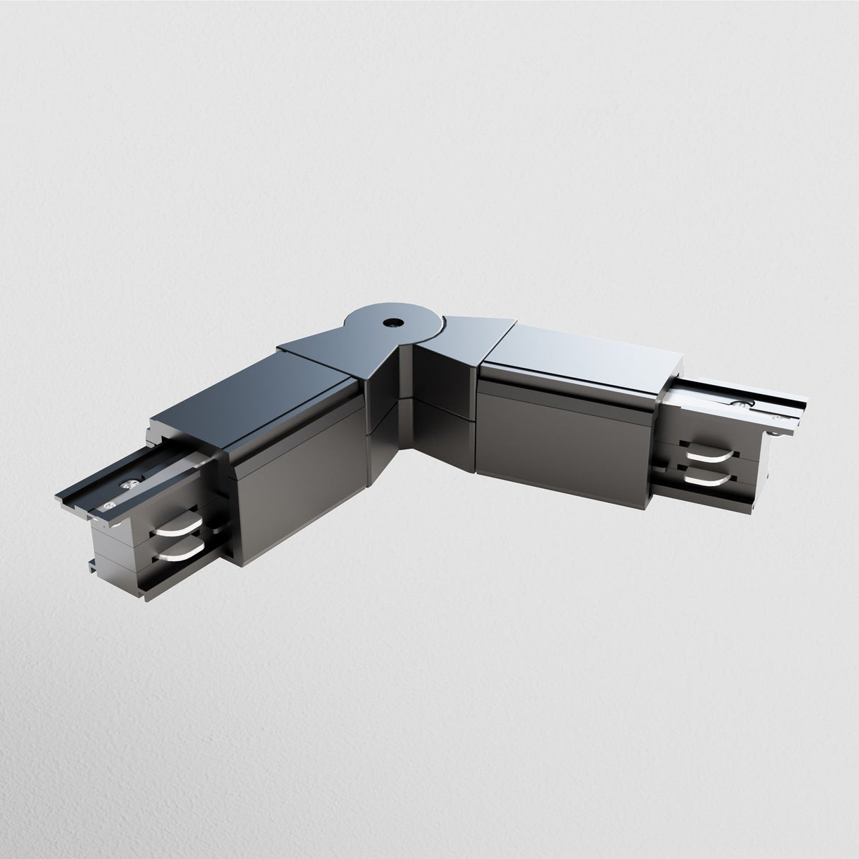 The 3-Phase Surface-Mounted Track Trinity Swivel Connector - Black has a metallic hinge joint with two shiny linear sections and visible grooves, perfect for customized lighting configurations against a plain white background.