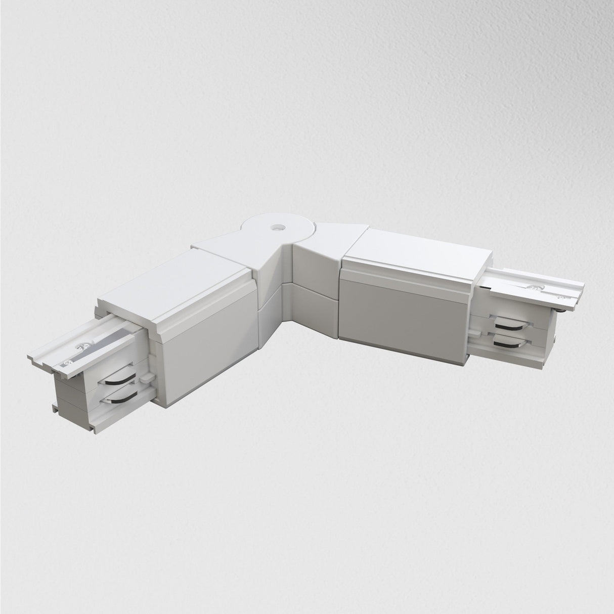 The 3-Phase Surface-Mounted Track Trinity Swivel Connector in white features adjustable joints for linking two track lighting sections at a right angle, enhancing any minimalist lighting design.