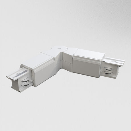 The 3-Phase Surface-Mounted Track Trinity Swivel Connector in white features adjustable joints for linking two track lighting sections at a right angle, enhancing any minimalist lighting design.